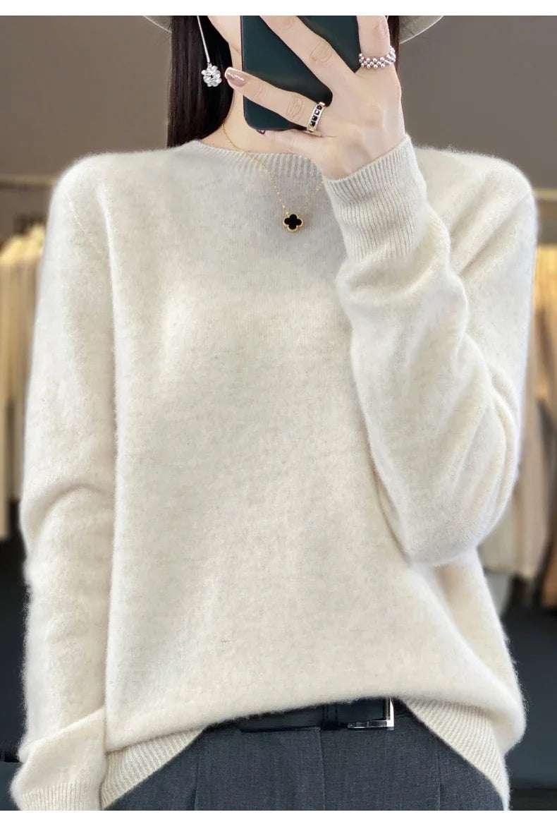 Women's 100% Beautiful Wool Round Neck Top Fashion Versatile Knitted Loose Long Sleeve Pullover Thin Sweater Yuan Ling - Tasawoq