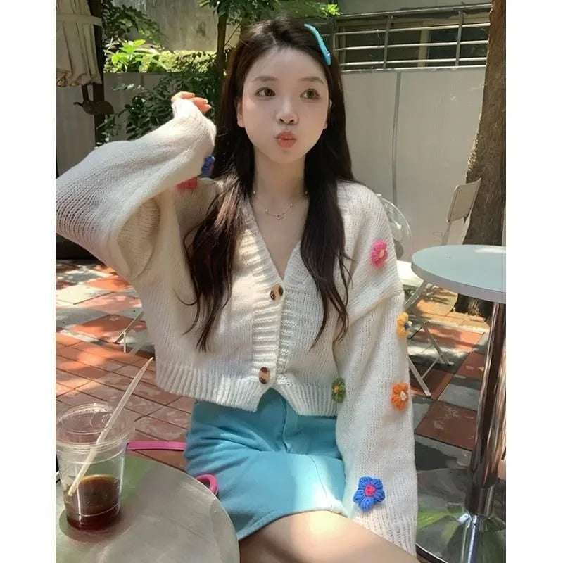 PTKPCC New Autumn Colourful Applique Flower Cardigan for Women Cute Long V-neck Knit Crop Sweater Girl Soft Knitwear - Tasawoq
