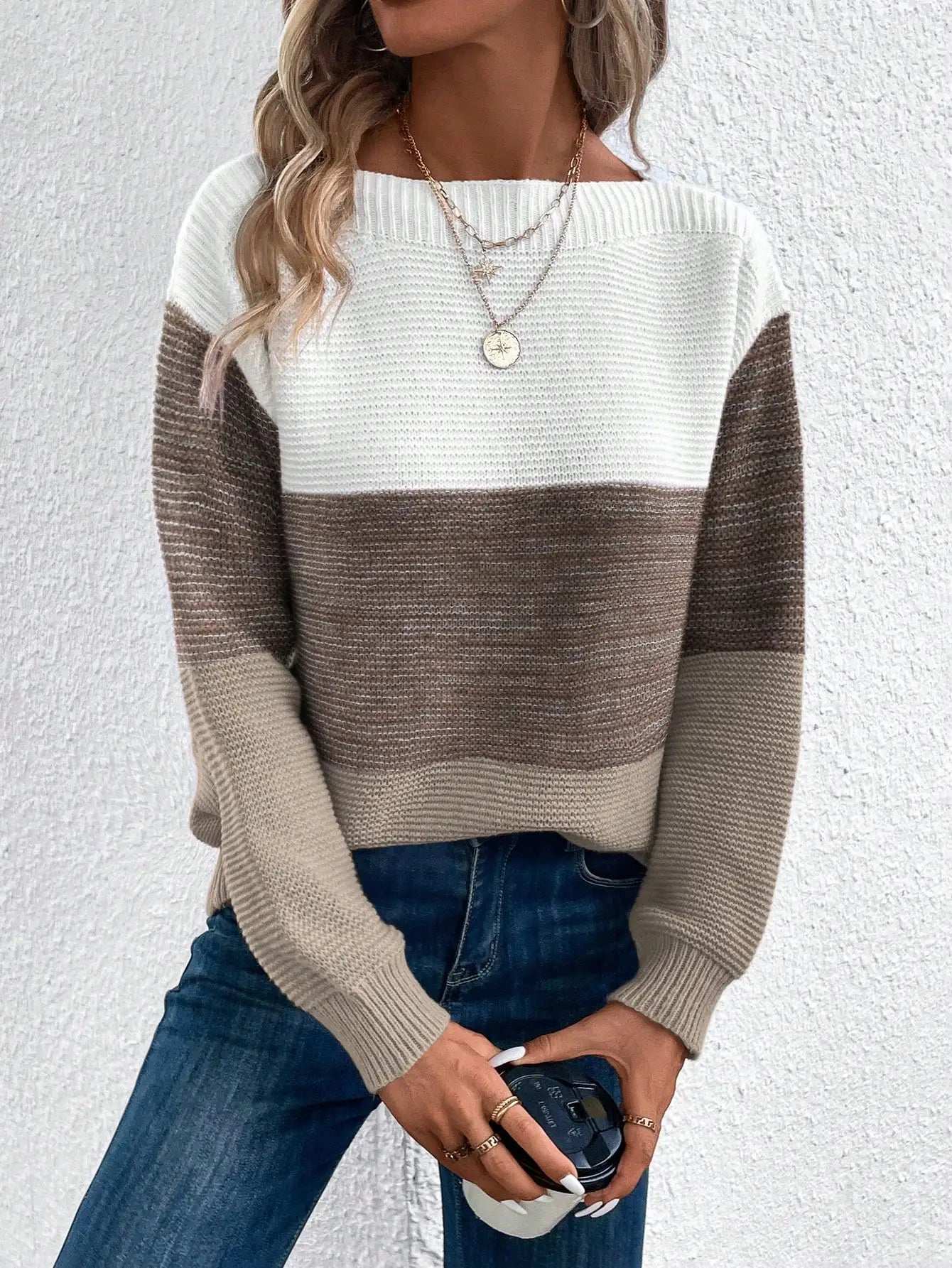 Elegant Three-color Patchwork Sweater Women Daily Commuter Casual Loose Jumpers Female Autumn Winter Knitted Thickened Warm Tops - Tasawoq
