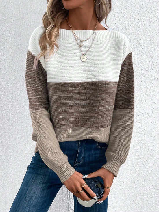 Elegant Three-color Patchwork Sweater Women Daily Commuter Casual Loose Jumpers Female Autumn Winter Knitted Thickened Warm Tops - Tasawoq