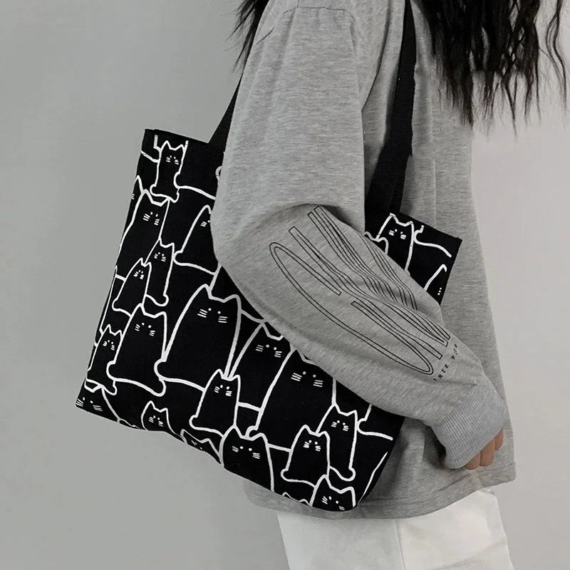 Cute Cat Shopper Handbags Shoulder Fashion Canvas Casual Shopping Girls Women Graphic Tote BagJapanese Cartoon Small Shoulder - Tasawoq