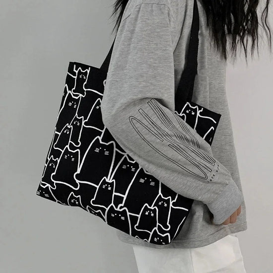 Cute Cat Shopper Handbags Shoulder Fashion Canvas Casual Shopping Girls Women Graphic Tote BagJapanese Cartoon Small Shoulder - Tasawoq