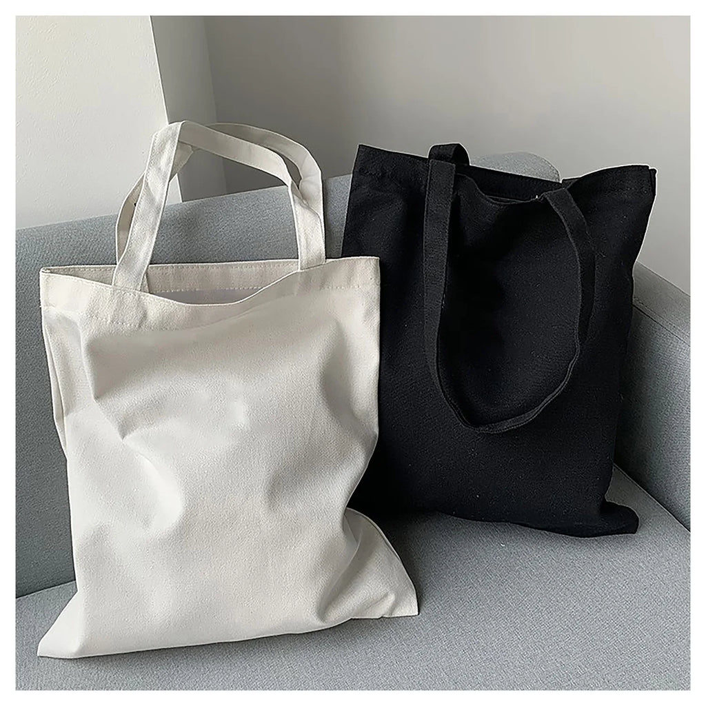 Large Capacity Black White Canvas Shoulder Tote Bag Folding Eco Cotton Handbag Reusable DIY Shoulder Bag Shopping Bag - Tasawoq