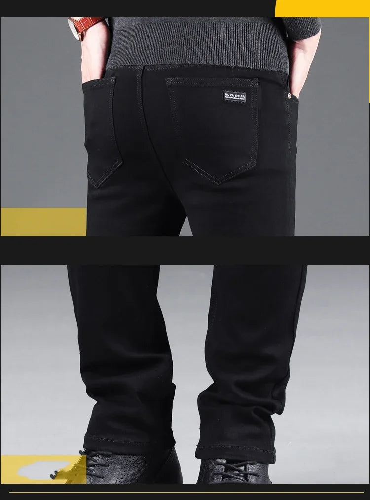 Spring Autumn New Men's Pure Black Slim Jeans Elastic Straight Pants Business Fashion Leisure Korean Vintage Denim Pants Male - Tasawoq
