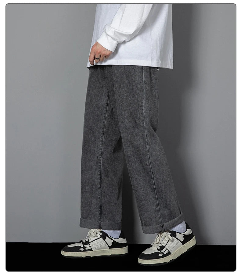 2025 New Korean Men's Casual Long Jeans Classic Man Straight Denim Wide-leg Pants Solid Color Light Blue Grey Black - Tasawoq