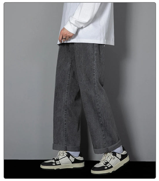 2025 New Korean Men's Casual Long Jeans Classic Man Straight Denim Wide-leg Pants Solid Color Light Blue Grey Black - Tasawoq