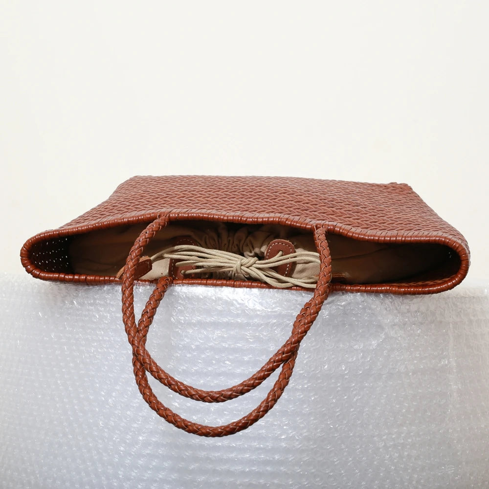 Handbags Women's Genuine Leather Shoulder Bag Weaving Casual Shopping Bag Vintage Big Tote Purse Cowhide Cross Hand Bags Lady - Tasawoq