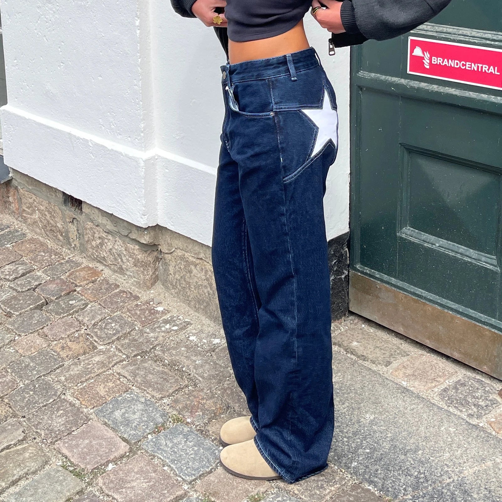 Combhasaki Women's Y2K Vintage Jeans Aesthetic Star Pattern Print Loose Straight Leg Denim Long Pants Casual Low Waist Trousers - Tasawoq