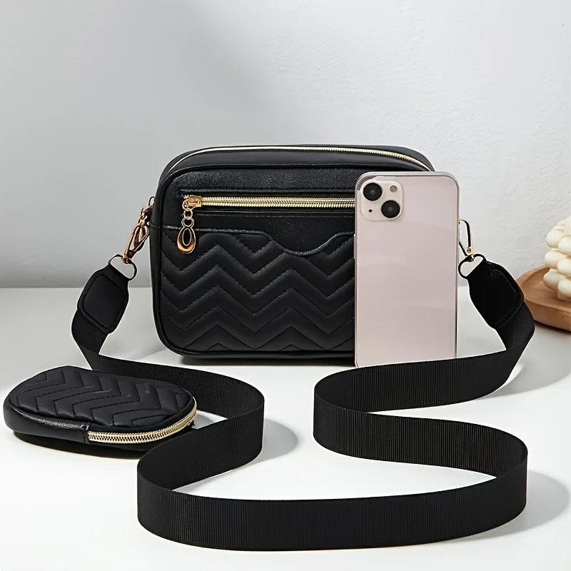 Casual Minimalist Shoulder Square Bag, With Mini Hanging Purse, Quilted Pattern Crossbody Bag For Women Two piece set - Tasawoq