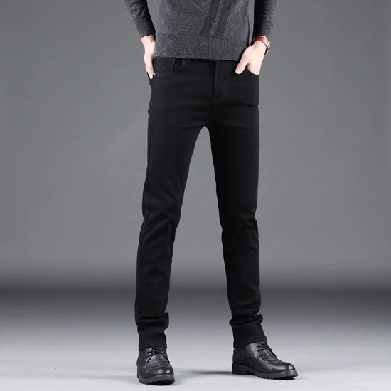 Spring Autumn New Men's Pure Black Slim Jeans Elastic Straight Pants Business Fashion Leisure Korean Vintage Denim Pants Male - Tasawoq