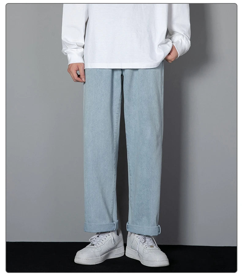 2025 New Korean Men's Casual Long Jeans Classic Man Straight Denim Wide-leg Pants Solid Color Light Blue Grey Black - Tasawoq