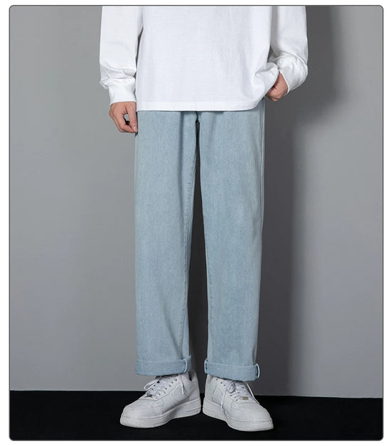 2025 New Korean Men's Casual Long Jeans Classic Man Straight Denim Wide-leg Pants Solid Color Light Blue Grey Black - Tasawoq
