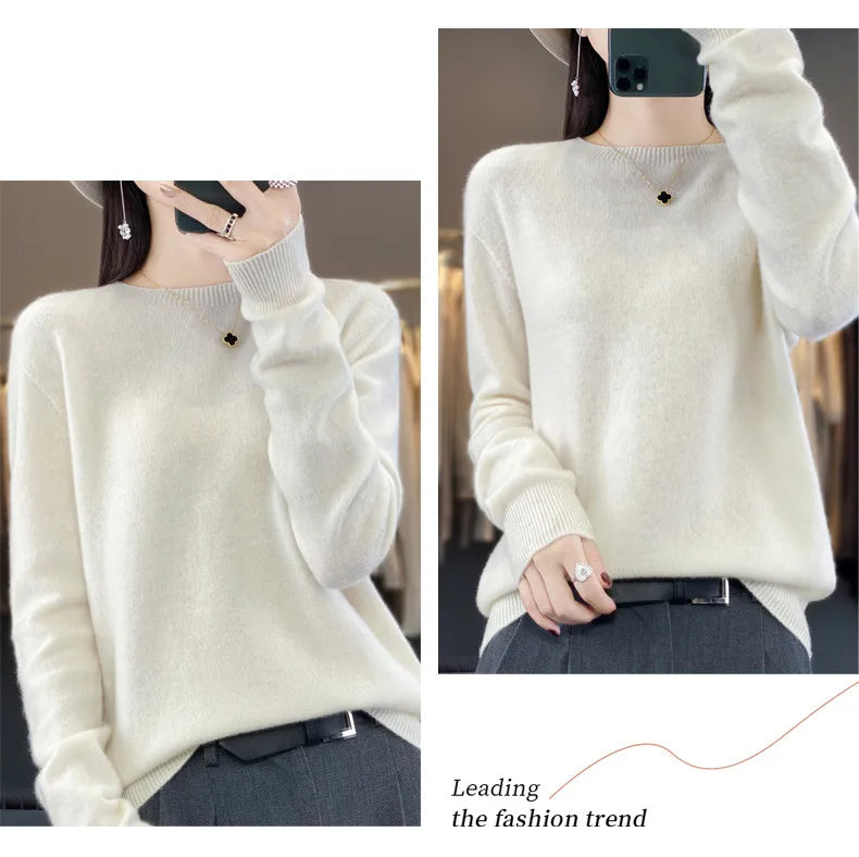 Women's 100% Beautiful Wool Round Neck Top Fashion Versatile Knitted Loose Long Sleeve Pullover Thin Sweater Yuan Ling - Tasawoq