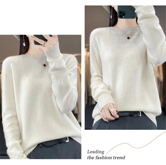 Women's 100% Beautiful Wool Round Neck Top Fashion Versatile Knitted Loose Long Sleeve Pullover Thin Sweater Yuan Ling - Tasawoq