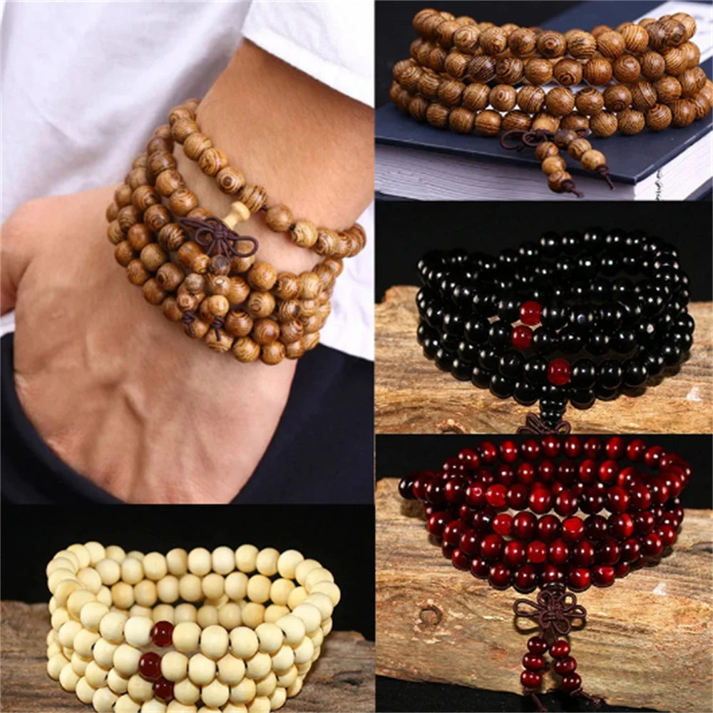 Natural Sandalwood Bracelet Men Buddhist Buddha Meditation Bead Bracelet For Women Prayer 108 Beads Rosary Hanging Decoration - Tasawoq