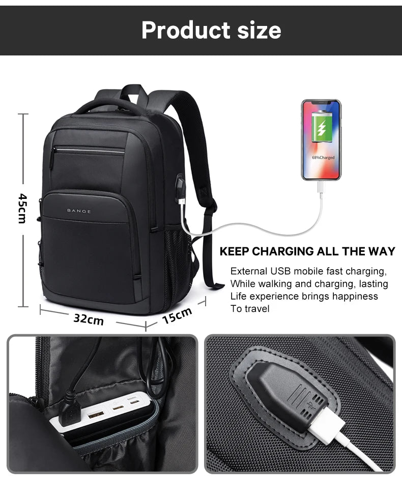 BANGE Travel Waterproof Backpack with USB Charging Port Fit 15.6 Inch Laptop Backpacks for Men and Women, Teenager School Bags - Tasawoq