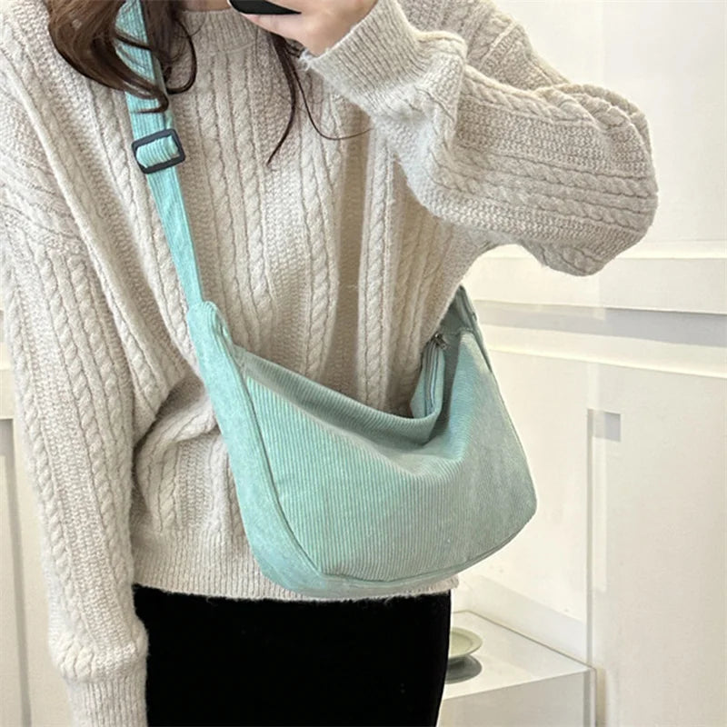 Corduroy Shoulder Bag Minimalist Crossbody Bag Women's Handbags Fashion Fabric Underarm Bag Solid Color Zipper Female Handbag - Tasawoq