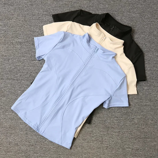 Summer High Quality Waist Slimming Training Tops Women's Quick-drying Tight Stand Collar Full Zipper Short Sleeves Yoga shirts - Tasawoq