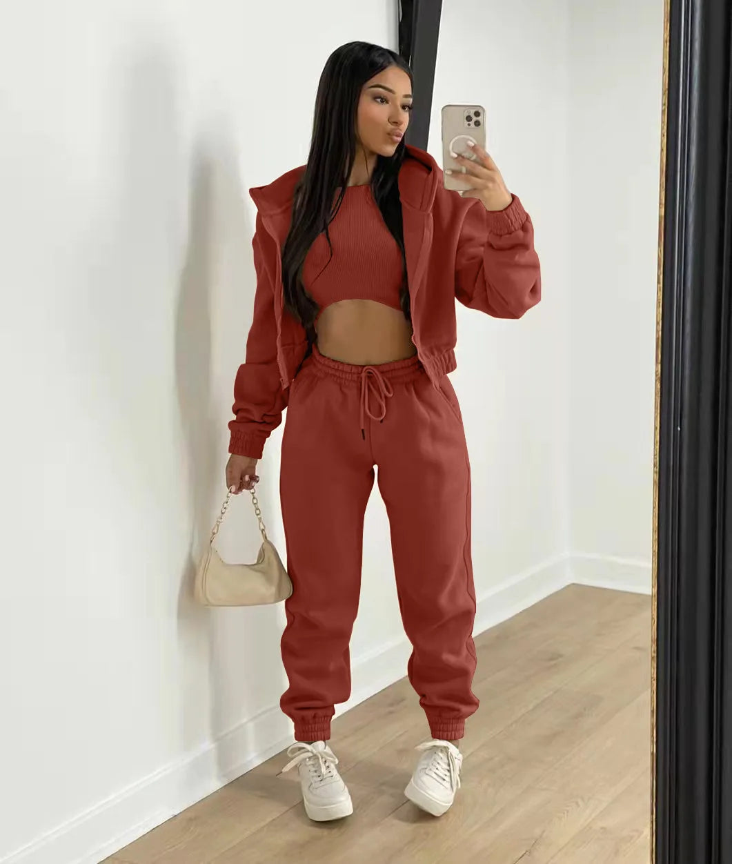 3pcs Women's Clothing Set Fleece-lined Hooded Sweater &Sleeveless Tank Top & Sports Sweatpants Pants - Tasawoq