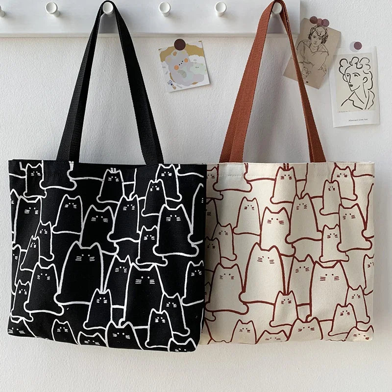 Cute Cat Shopper Handbags Shoulder Fashion Canvas Casual Shopping Girls Women Graphic Tote BagJapanese Cartoon Small Shoulder - Tasawoq