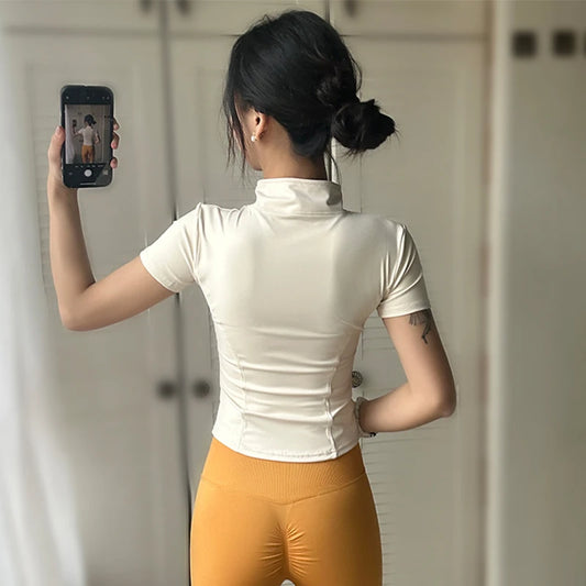 Summer High Quality Waist Slimming Training Tops Women's Quick-drying Tight Stand Collar Full Zipper Short Sleeves Yoga shirts - Tasawoq