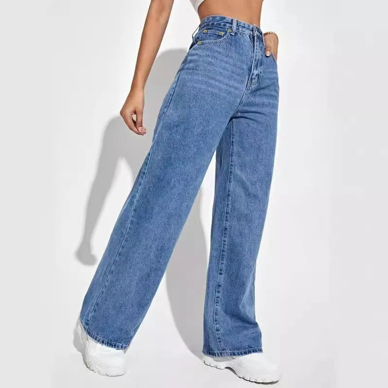 2024 new women's wear European and American loose Denim wide leg pants slimming high waist all-match jeans for women - Tasawoq