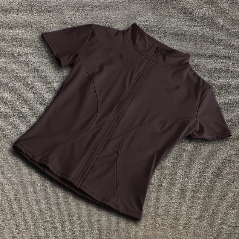 Summer High Quality Waist Slimming Training Tops Women's Quick-drying Tight Stand Collar Full Zipper Short Sleeves Yoga shirts - Tasawoq