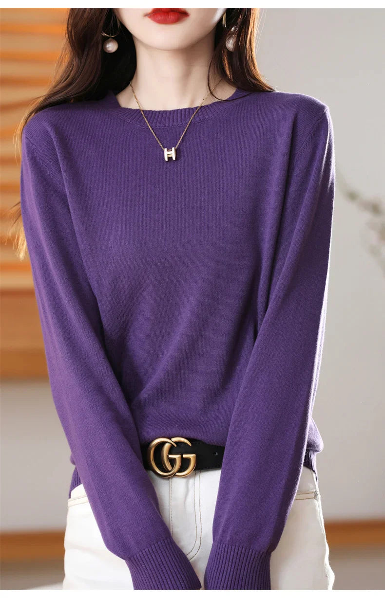Women's 100% High-quality Cotton Knitted Sweater, Temperament Round Neck Top, Breathable And Versatile Pullover, Long Sleeved - Tasawoq