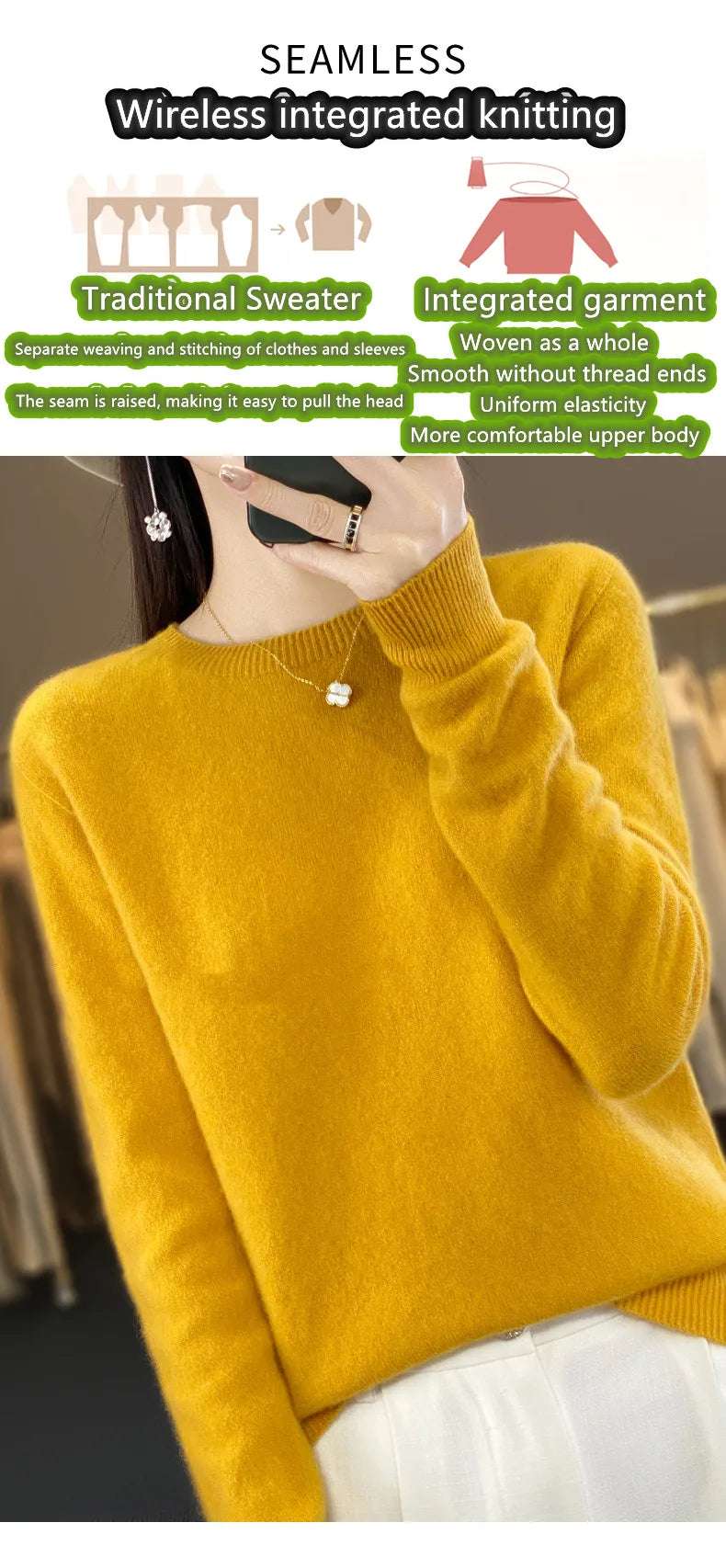 Women's 100% Beautiful Wool Round Neck Top Fashion Versatile Knitted Loose Long Sleeve Pullover Thin Sweater Yuan Ling - Tasawoq