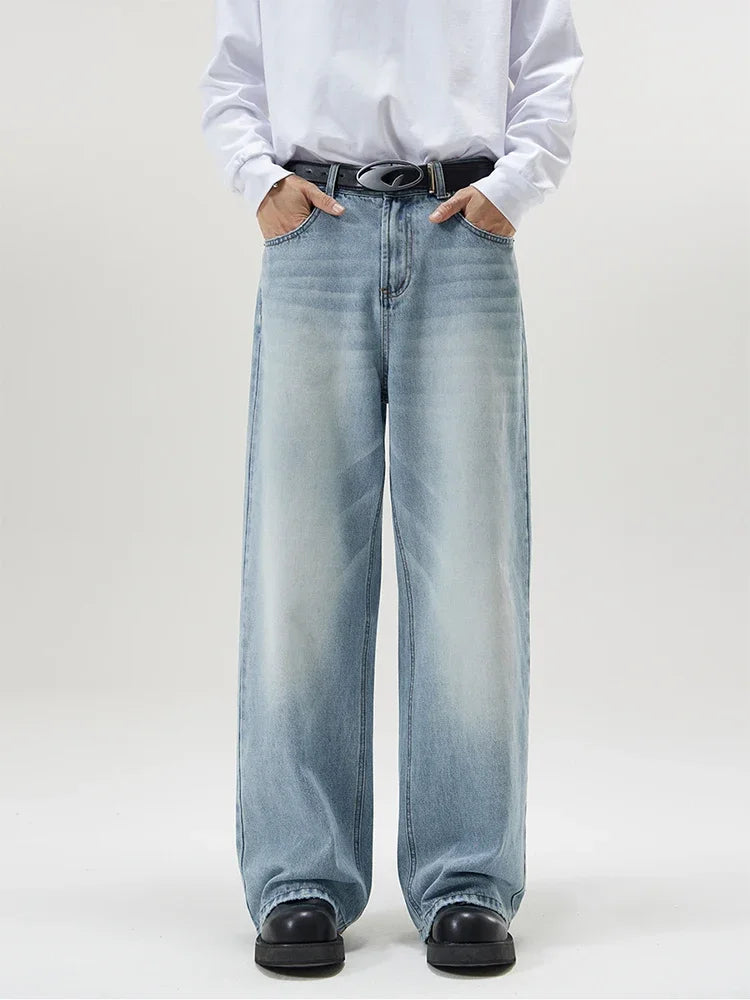 4 Colors Autumn Vintage Distressed Men's Baggy Straight Jeans Fashion Korean High Street Denim Pants Streetwear Male Trousers - Tasawoq