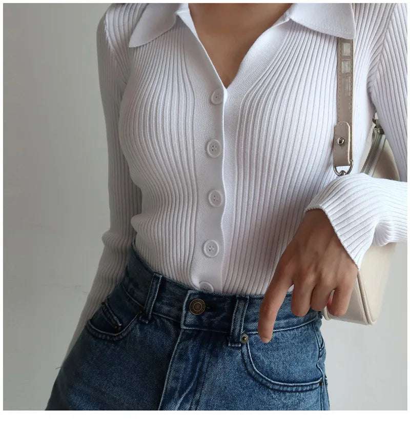AOSSVIAO 2025 Ladies Buttons Sexy V Neck Long Sleeve POLO Neck Knit Cardigan Sweater Women Lapel Slim Tops - Tasawoq