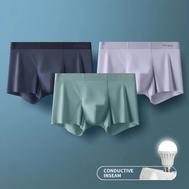 MIIOW 3Pcs Ice Silk Man Underwear Boxer Metal Fiber Antistatic Men Underpants Seamless Cut Hem Men's Panties Boxers Shorts Trunk - Tasawoq