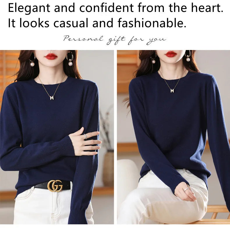 Women's 100% High-quality Cotton Knitted Sweater, Temperament Round Neck Top, Breathable And Versatile Pullover, Long Sleeved - Tasawoq