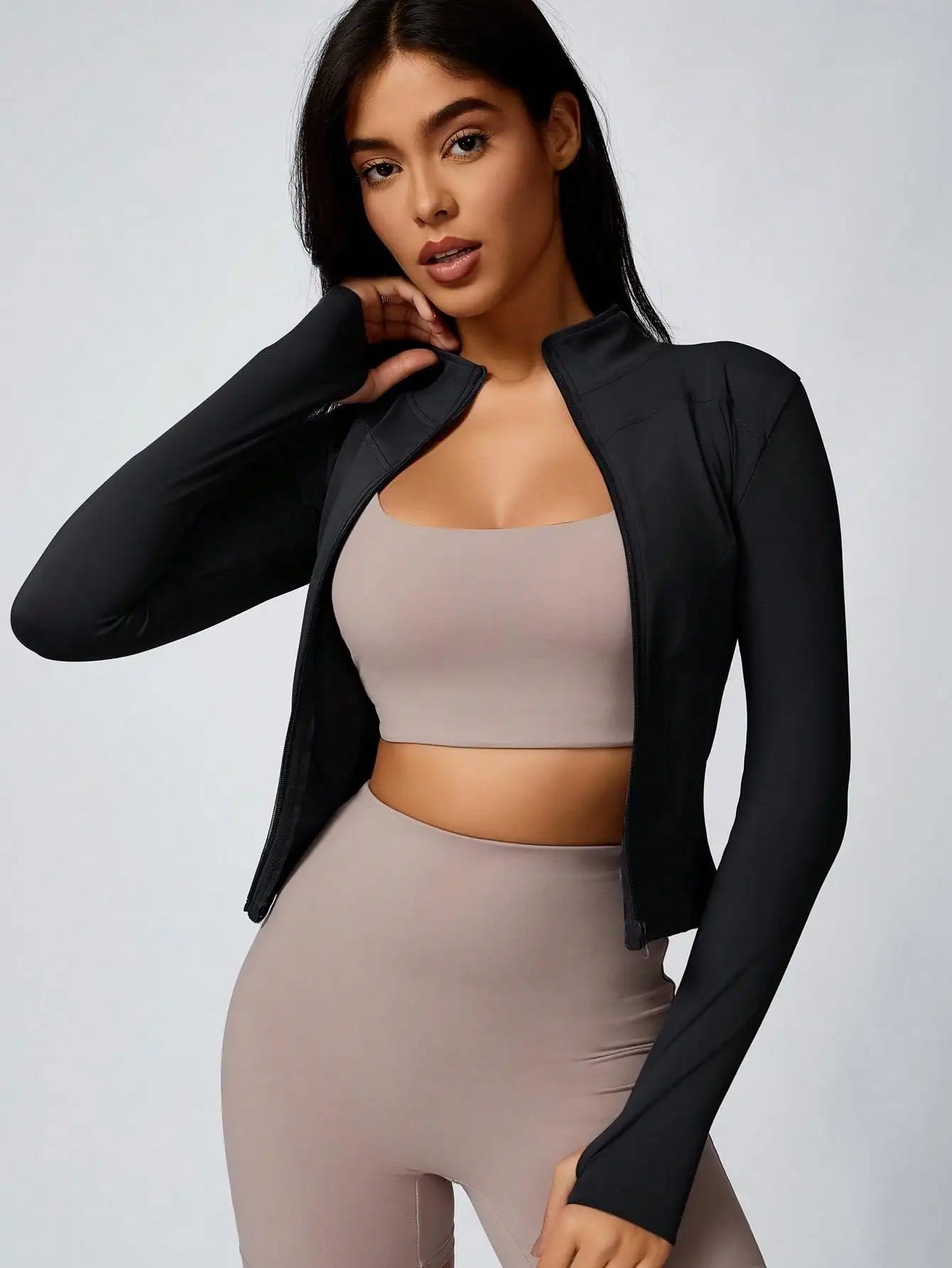 Women's Solid Color Zipper Turtleneck Sports Jacket, Long-Sleeved Sports Top, Gym Wear, Ladies' Sportswear for Indoor and Outdoo - Tasawoq