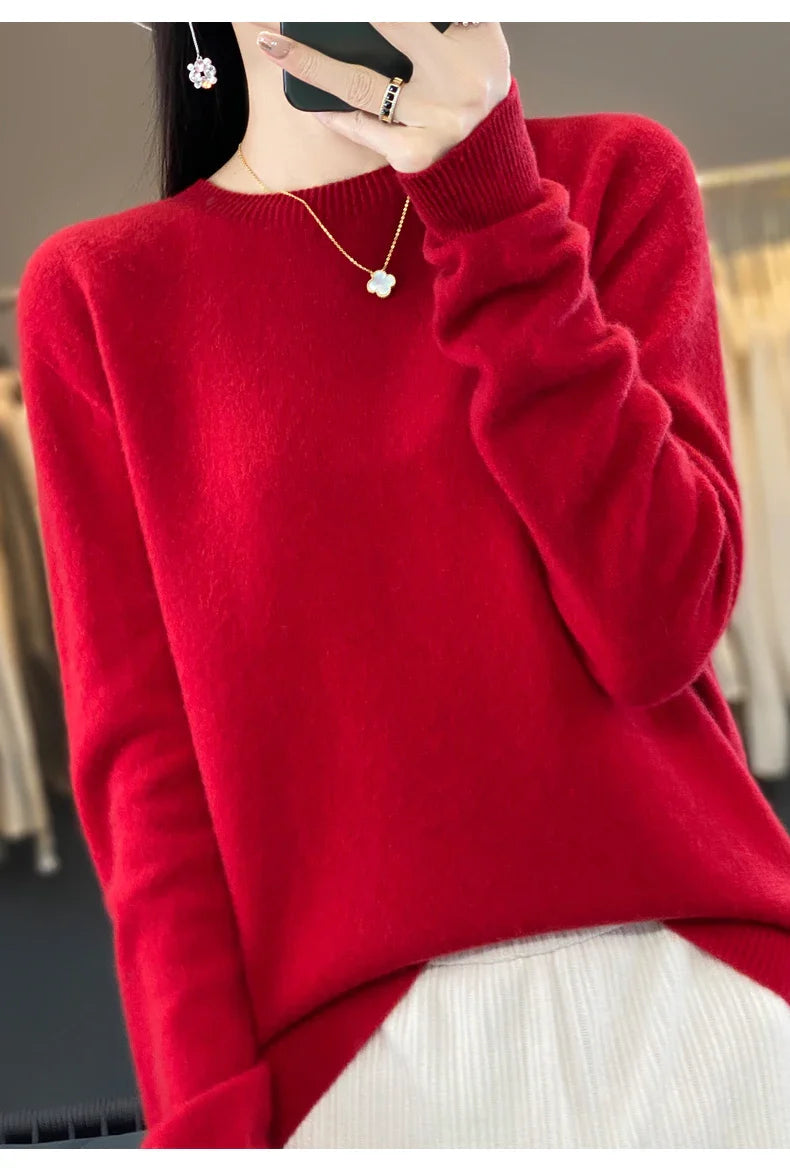 Women's 100% Beautiful Wool Round Neck Top Fashion Versatile Knitted Loose Long Sleeve Pullover Thin Sweater Yuan Ling - Tasawoq