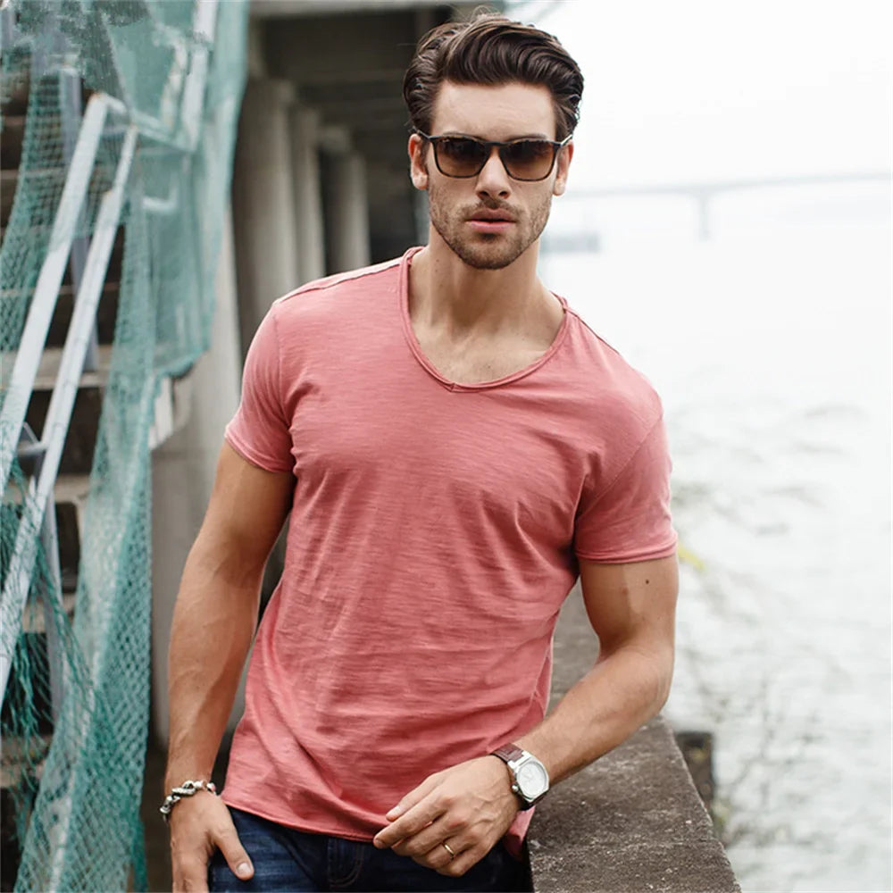 AIOPESON 100% Cotton Men T-shirt V-neck Fashion Design Slim Fit Soild T-shirts Male Tops Tees Short Sleeve T Shirt For Men - Tasawoq