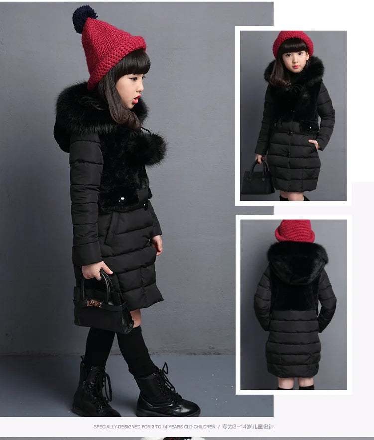 2024 Winter Warm Jackets for Girls Fashion Fur Hooded Children Girls Waterproof Outwear Kids Cotton Lined Parkas - Tasawoq