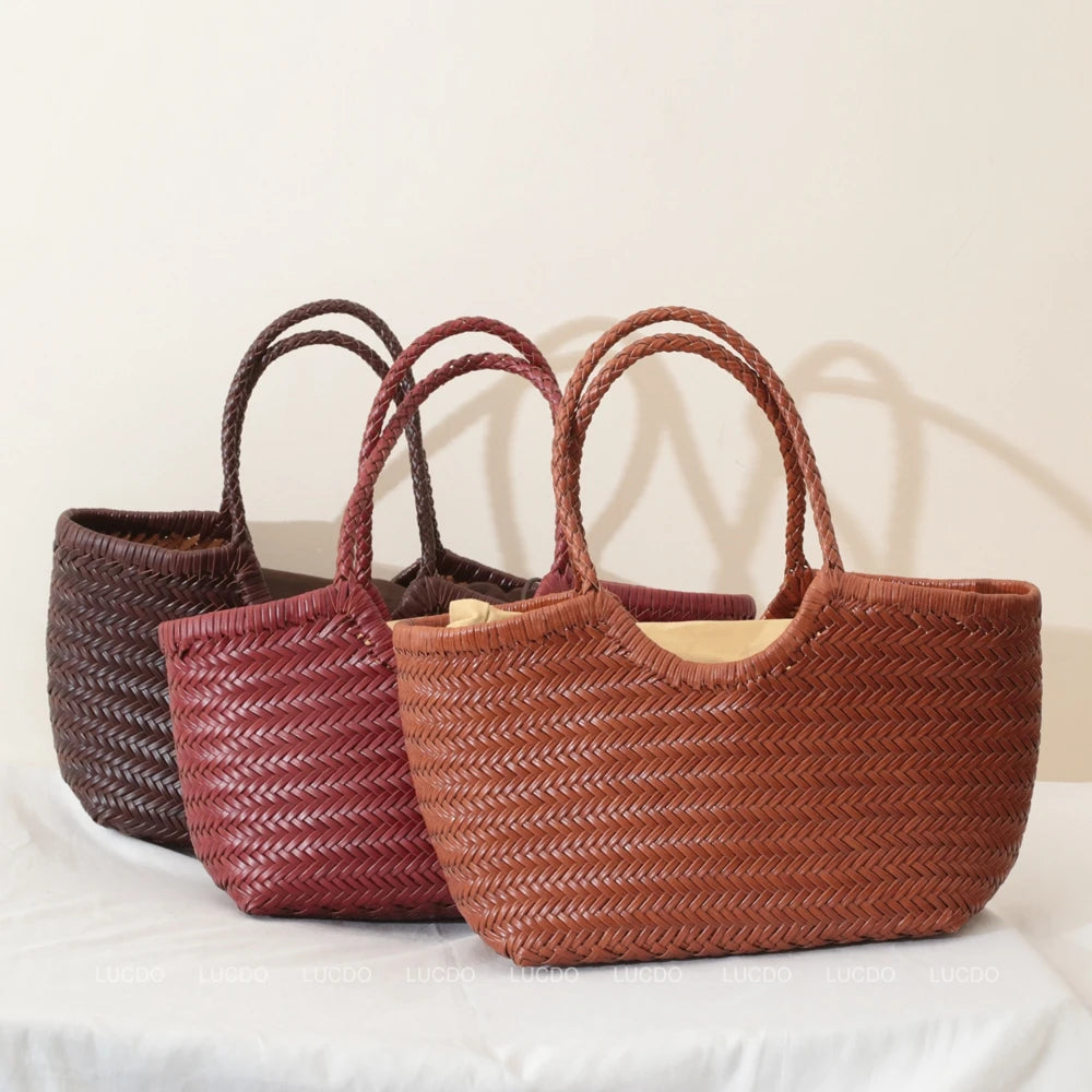 Handbags Women's Genuine Leather Shoulder Bag Weaving Casual Shopping Bag Vintage Big Tote Purse Cowhide Cross Hand Bags Lady - Tasawoq