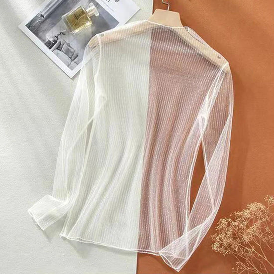 Sexy Women Mesh T-Shirts See-Through Perspective Tshirt Sunscreen Tops Long Sleeve Bottoming Shirts Club Party Black Tee Shirts - Tasawoq