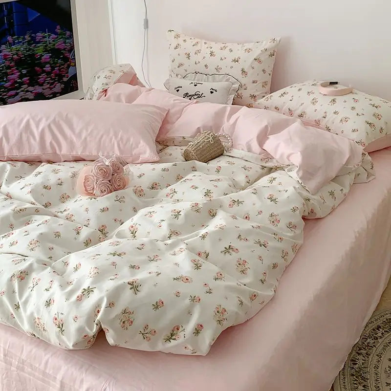 Pink Floral Bedding Set Soft Ins Single Double Queen Size Duvet Cover Flat Sheet Pillowcase Girls Home Totel Bed Linens - Tasawoq