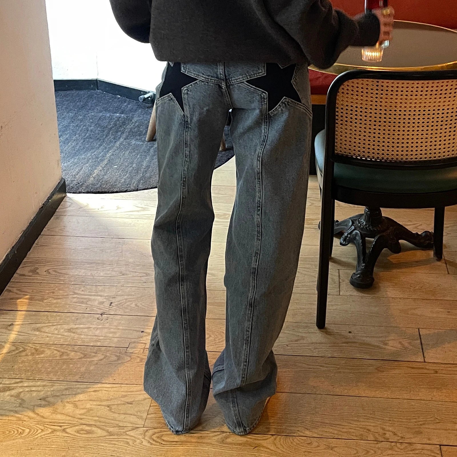 Combhasaki Women's Y2K Vintage Jeans Aesthetic Star Pattern Print Loose Straight Leg Denim Long Pants Casual Low Waist Trousers - Tasawoq