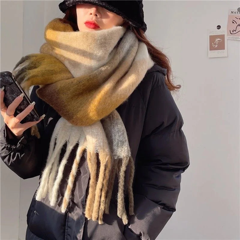 2025 Winter Thick Warm Scarf Women Cashmere Shawl and Wraps Pashmina Neckerchief Bufanda Female Rainbow Hairy Tessel Echarpe New - Tasawoq