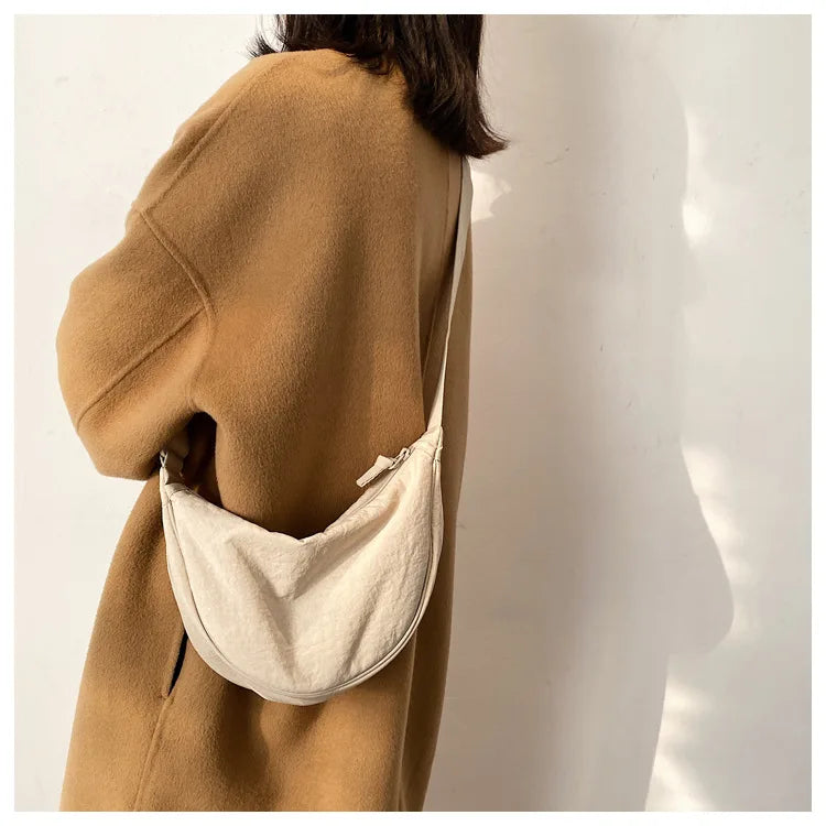 Solid Color Women's Portable Shoulder Bag Simple Female Nylon Cloth Padded Crossbody Bags Travel Purse Handbags Messenger Bag - Tasawoq
