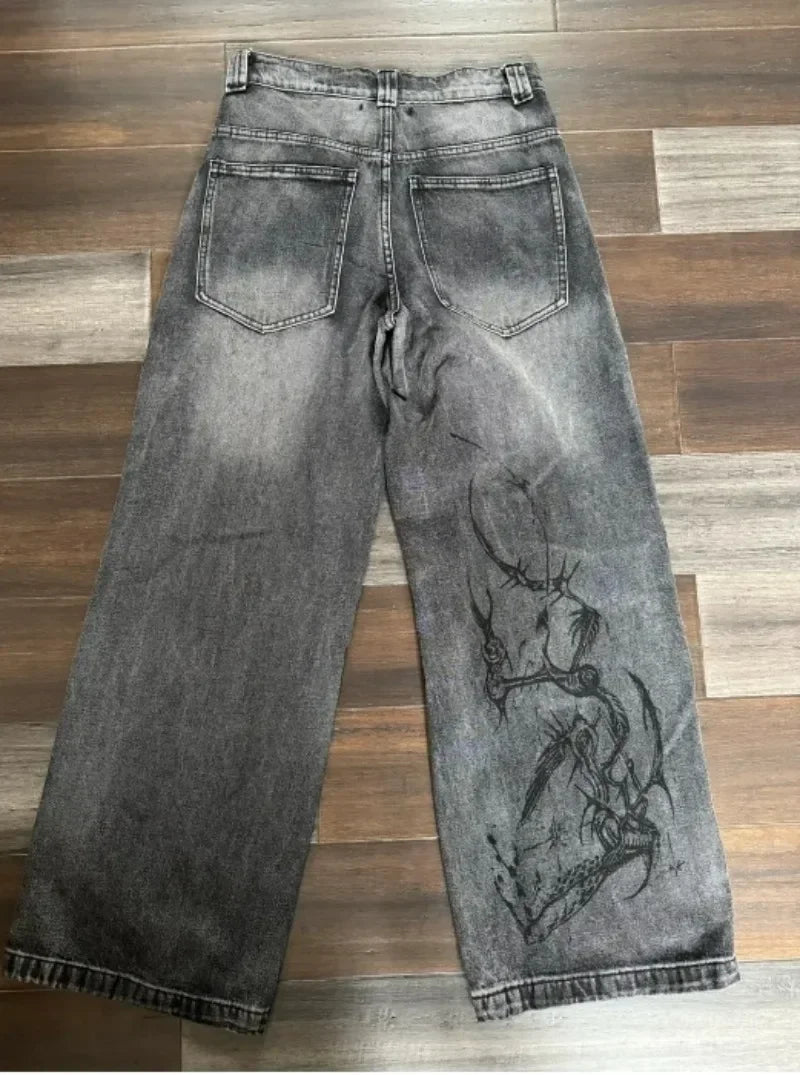 2024 New American Trend Retro Hip-hop Embroidery Pattern Baggy Jeans For Men And Women Y2K Harajuku Gothic Wide Pants Streetwear - Tasawoq