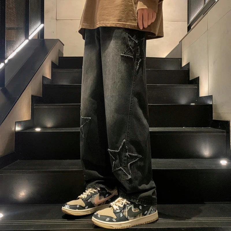 Star Embroidery Straight Casual Men Jeans Gothic Neutral New Wide Leg Loose Hip-hop Fashion Youth Streetwear Denim Trousers Y2K - Tasawoq