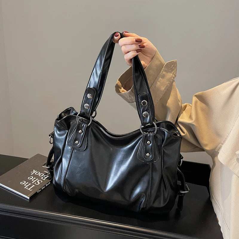 1 Piece Women's Pure Color Pu Retro Large Capacity Shoulder Tote Bag - Tasawoq