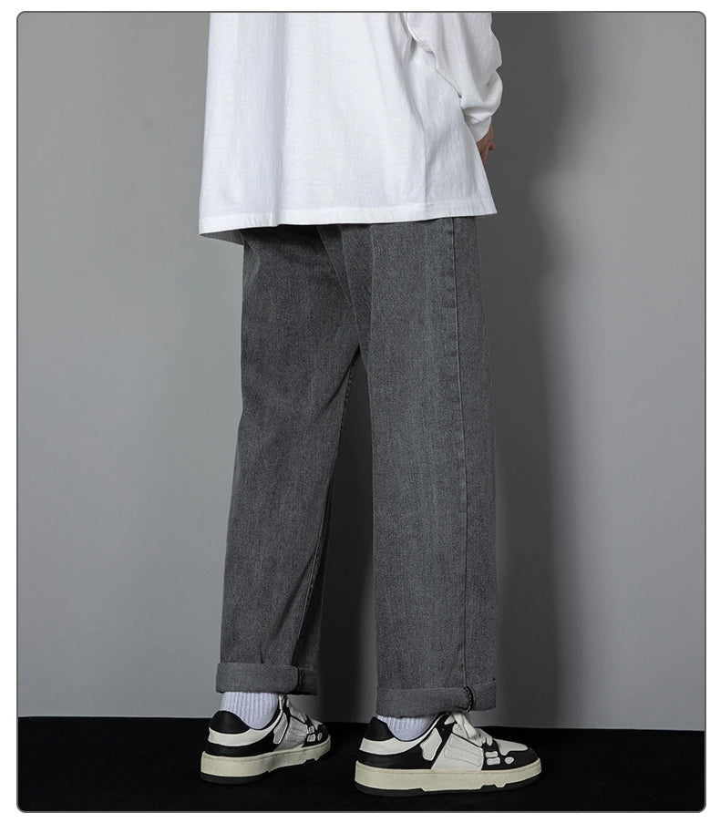 2025 New Korean Men's Casual Long Jeans Classic Man Straight Denim Wide-leg Pants Solid Color Light Blue Grey Black - Tasawoq
