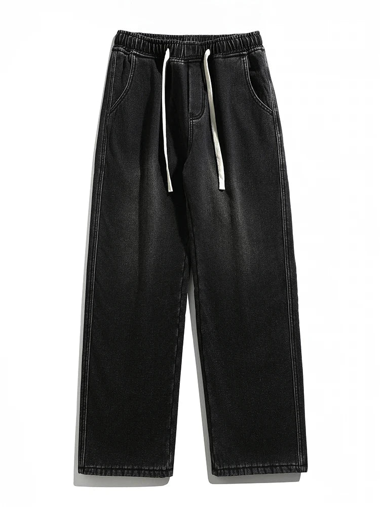 Winter Men's Jeans Korean Fashion Fleece Liner Thick Warm Straight Denim Pants Washed Cotton Retro Blue Wide Leg Jean Trousers - Tasawoq
