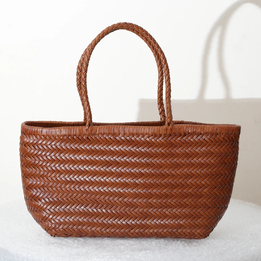 Handbags Women's Genuine Leather Shoulder Bag Weaving Casual Shopping Bag Vintage Big Tote Purse Cowhide Cross Hand Bags Lady - Tasawoq