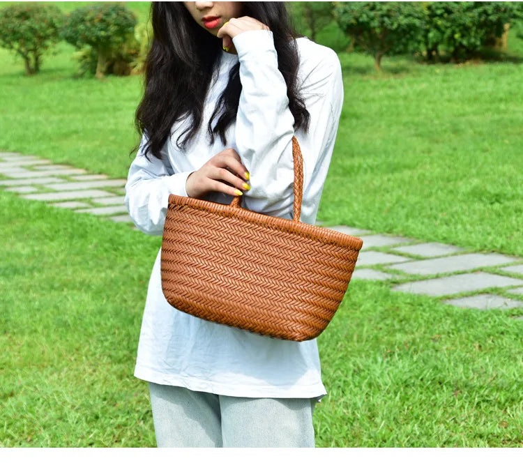 Handbags Women's Genuine Leather Shoulder Bag Weaving Casual Shopping Bag Vintage Big Tote Purse Cowhide Cross Hand Bags Lady - Tasawoq